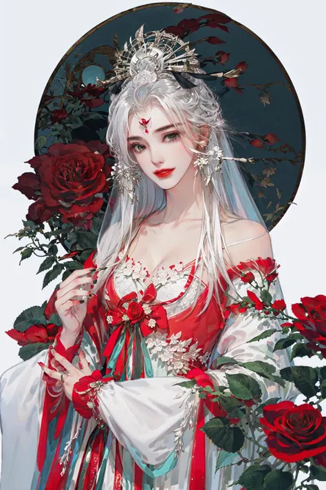 masterpiece,best_quality,1boy,solo,flower,rose,long_hair,dress,hair_flower,long_sleeves,very_long_hair,bangs,hair_ornament,closed_mouth,puffy_sleeves,wide_sleeves,white_background,red_flower,smile,white_dress,red_rose,hair_between_eyes,bare_shoulders,brown_eyes,white_hair,blush,collarbone,off-shoulder_dress,own_hands_together,looking_at_viewer,white_sleeves,floral_background,pink_flower,puffy_long_sleeves,off_shoulder,strapless,pink_rose,white_flower,strapless_dress
<lora:guofeng2:1>