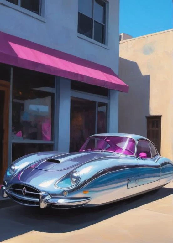 silver car, nowheels, beautiful, strange, blue and magenta, creative, artistic, (vibrant light:1.4), (shadow detailed:1.2), (highly detailed:1.4), oil painting style, speed art, abstract artistic brush strokes, (beautiful and aesthetic:1.4), masterpiece, realistic surrealist, (surrealist artistic work:1.4) <lora:No.Wheels:1>
