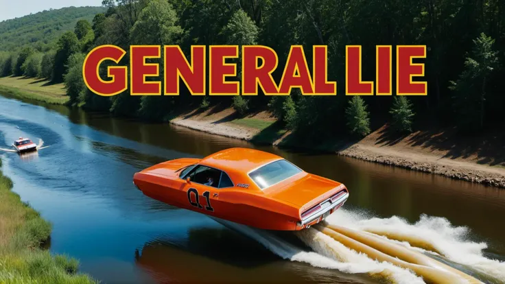 Dukes of Hazard car jumping over river with text that says "General Lie" <lora:No.Wheels:0.8>