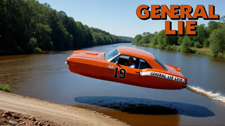 Dukes of Hazard car jumping over river with text that says "General Lie" <lora:No.Wheels:0.8>