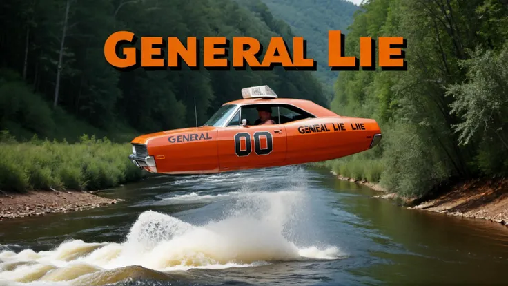 Dukes of Hazard car jumping over river with text that says "General Lie" <lora:No.Wheels:0.8>