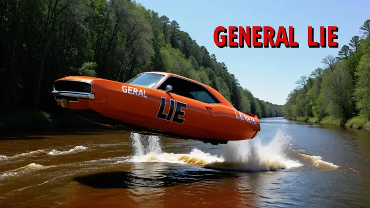 Dukes of Hazard car jumping over river with text that says "General Lie" <lora:No.Wheels:0.8>
