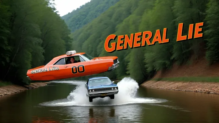 Dukes of Hazard car jumping over river with text that says "General Lie" <lora:No.Wheels:0.8>