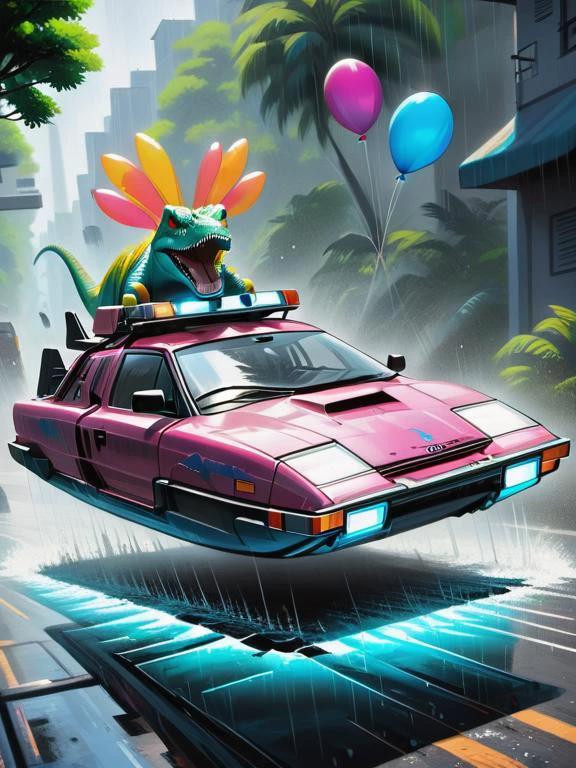 photo of hovercar pursued by dinosaurs, nowheels, science fiction, scifi, retrofuturistic, high-speed chase cinematic, splashing water, raining <lora:No.Wheels:1>, depth of field, motion blur, terrified driver, balloons strapped to car. <lora:No.Wheels.XL:1.5>