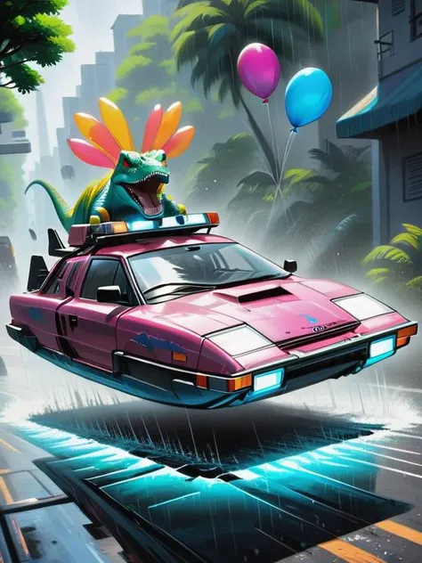 photo of hovercar pursued by dinosaurs, nowheels, science fiction, scifi, retrofuturistic, high-speed chase cinematic, splashing water, raining <lora:No.Wheels:1>, depth of field, motion blur, terrified driver, balloons strapped to car. <lora:No.Wheels.XL:1.5>
