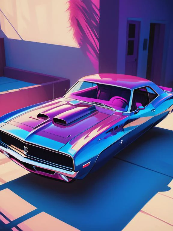 muscle car, nowheels, beautiful, strange, blue and magenta, creative, artistic, (vibrant light:1.4), (shadow detailed:1.2), (highly detailed:1.4), oil painting style, speed art, abstract artistic brush strokes, (beautiful and aesthetic:1.4), masterpiece, realistic surrealist, (surrealist artistic work:1.4) <lora:No.Wheels.XL:1>