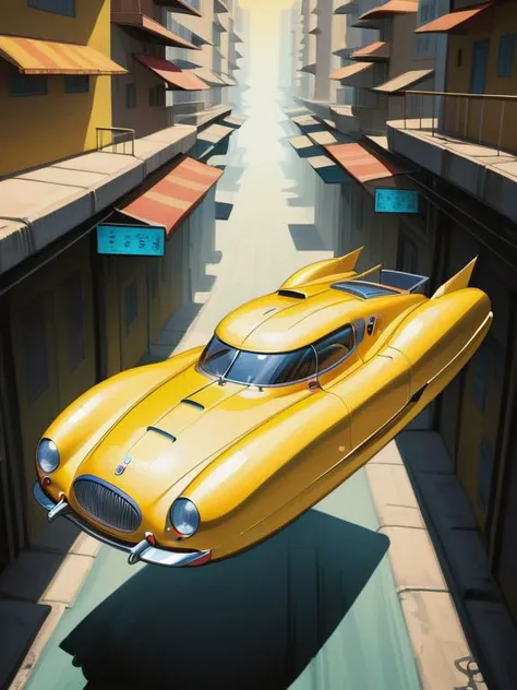 photo of yellow hover (1930's sports car), nowheels, science fiction, scifi, futuristic, city, flying high above futuristic metro****s, flying fast <lora:No.Wheels.XL:1.5>