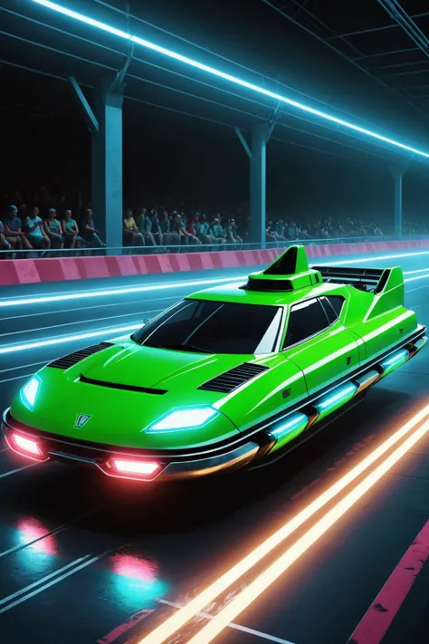 digital art photo of nowheels hovercraft on raceway, future racetrack, motion blur, bright green lights, cybernetic future rally, neon <lora:sdxl_concept_nowheels_hovercars_Naphtol:0.5>