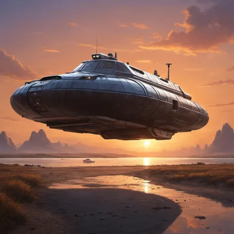 photo of hovercraft <lora:No.Wheels:1> nowheels, science fiction, scifi, futuristic, detailed landscape sunset