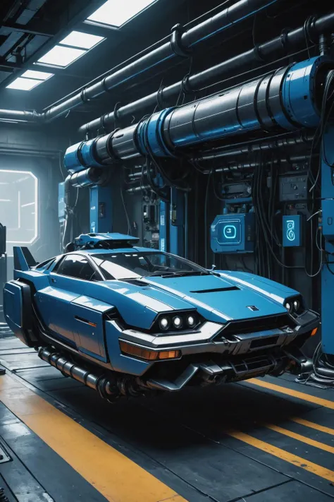 (cyber blue gigafactory:1.5), machinery, nowheels hovercar, (blue:3), (robotics:1.3), hyperfuturistic, robot arm, exposed engine, wires, gears, beam, factory BREAK blue cybernetics facility, broken hovercar, sharp focus, 3d, 4k, 8k, pipes, cables, machines, (scifi), <lora:sdxl_concept_nowheels_hovercars_Naphtol:1> unpainted, scratched paint, scrap, futuristic