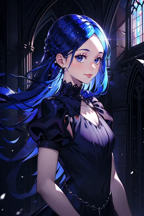 (masterpiece, best quality:1.3), absurdres, 1girl, solo, light smile, looking at viewer, portrait, gem, <lora:Bao:0.75>, blue hair, long hair, gothic dress, gothic architecture background, outdoors, morning, holy light