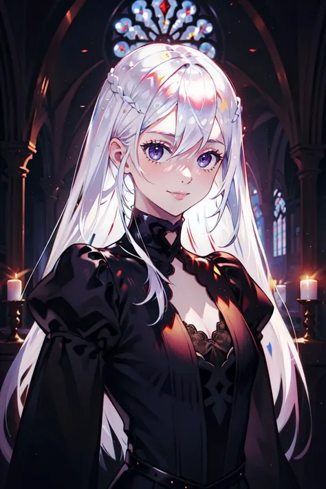 (masterpiece, best quality:1.3), absurdres, 1girl, solo, light smile, looking at viewer, portrait, gem, <lora:Bao:0.75>, white hair, long hair, gothic dress, gothic architecture background, indoors