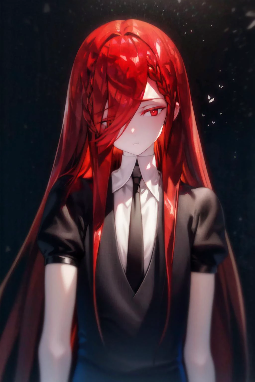 <lora:LowRA:0.6>, dark theme, absurdres, best quality, androgynous, <lora:Bao-000010:1>, red hair, long hair, red eyes, expressionless, suit, short sleeves, necktie, eye focus,