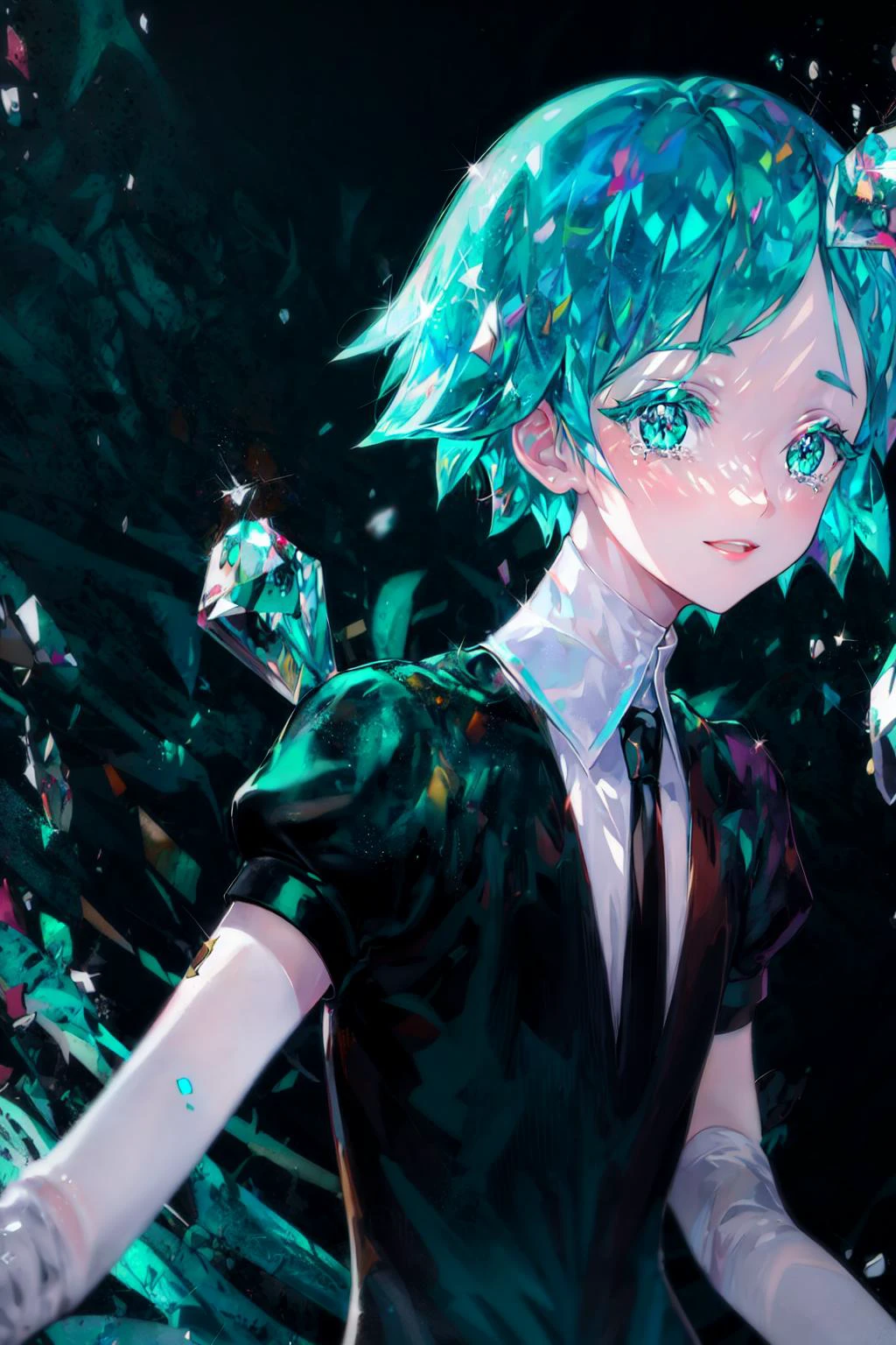 masterpiece, best quality,<lora:jewelCountryStyle_v10:0.8>, 1girl, androgynous, black_necktie, necktie, phosphophyllite, short hair, gem uniform \(houseki no kuni\), green eyes, shirt, green hair, sparkle, smile, aqua eyes, looking_at_viewer, multiple_others, necktie, puffy_short_sleeves, puffy_sleeves, shards, shirt, short_hair, short_sleeves, solo, sparkle, tears, upper_body,