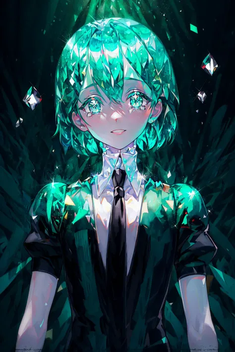 masterpiece, best quality,<lora:jewelCountryStyle_v10:0.8>, 1girl, androgynous, black_necktie, necktie, phosphophyllite, short hair, gem uniform \(houseki no kuni\), gem_skin, green eyes, shirt, green hair, sparkle, smile, aqua eyes, looking_at_viewer, multiple_others, necktie, puffy_short_sleeves, puffy_sleeves, shards, shirt, short_hair, short_sleeves, solo, sparkle, tears, upper_body,