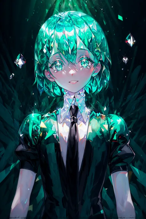 masterpiece, best quality,<lora:jewelCountryStyle_v10:0.8>,  1girl, androgynous, black_necktie, necktie, phosphophyllite, short hair, gem uniform \(houseki no kuni\), gem_skin, green eyes,  shirt, green hair, sparkle, smile, aqua eyes, looking_at_viewer, multiple_others, necktie, puffy_short_sleeves, puffy_sleeves, shards, shirt, short_hair, short_sleeves, solo, sparkle, tears, upper_body,