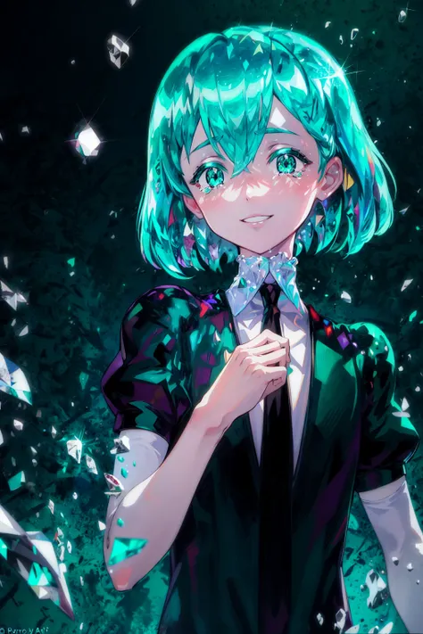 masterpiece, best quality,<lora:jewelCountryStyle_v10:0.8>,  1girl, androgynous, black_necktie, necktie, phosphophyllite, short hair, gem uniform \(houseki no kuni\), green eyes,  shirt, green hair, sparkle, smile, aqua eyes, looking_at_viewer, multiple_others, necktie, puffy_short_sleeves, puffy_sleeves, shards, shirt, short_hair, short_sleeves, solo, sparkle, tears, upper_body,