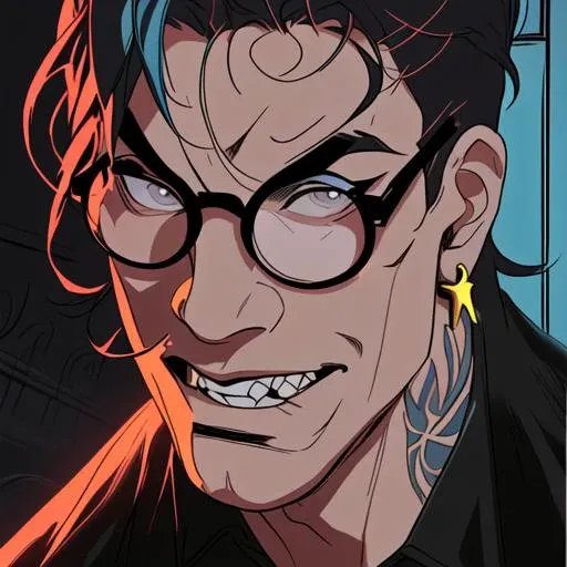 cbxzz, 1boy, male focus, open mouth, solo, glasses, teeth, star (symbol), looking at viewer, black hair, grey eyes, jewelry, earrings, multicolored hair, blue-framed eyewear, shirt, portrait, blue hair, black eyes, cinematic angle, cinematic lighting, diffused lighting, official art, best quality, masterpiece