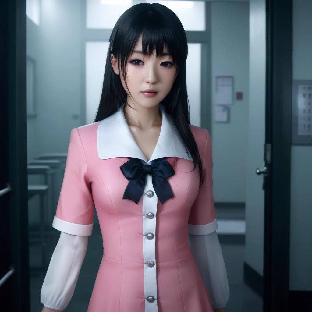 An ultra-realisitc extremely high-quality 8k fatal style photo of a super cute and gorgeously sexy Japanese nurse dressed in pink with long hair ((holding beagle puppy)) in her arms ex she explores the haunted creepy hospital <lora:fatal style:0.725> <lora:tsubomi woman:0.7> tsubomi woman, (((extremely detailed and beautiful pink colored eyes and facial features))), black and white, pink flower, pink iris walking in the rain, gorgeous breathtaking dramatic noir style cinematic lighting , epic action-packed dynamic composition exploring a creepy haunted hospital