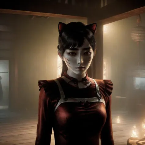 Ultra-realistic extremely detailed 8k photo of an open world horror game as a cute korean woman wearing a kitty outfit, standing in the middle of the room, breathtakingly amazing artwork, beautiful composition, gorgeous and haunting lighting  ((adult)), full shot, <lora:fatal style:0.8> fatal style, video game, night, horror, scary, creepy <lora:pypappl4v2:0.8>