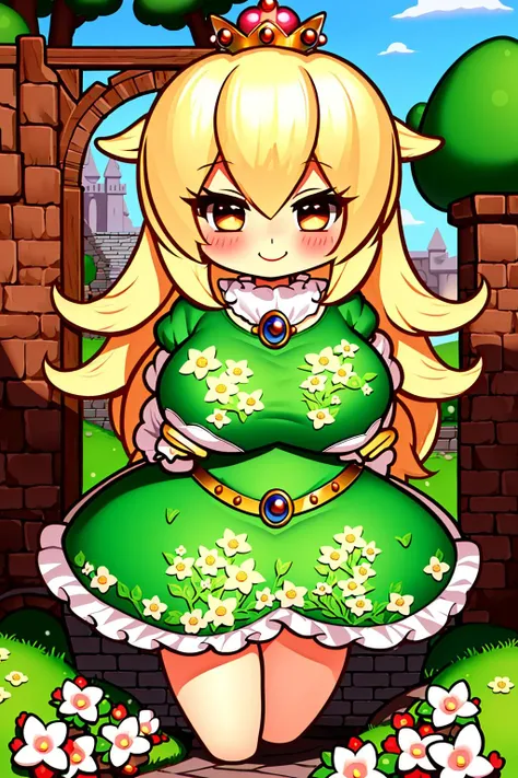 (((chibi, large breasts))), masterpiece, ultra-detailed, best quality, illustration, 8k cg wallpaper, an extremely delicate and beautiful, 1girl, Princess Peach /(Super Mario Bros/), solo, perfect anatomy, smiling, blushing, perfect arms, perfect hands, perfect fingers, perfect legs, cute, pretty, beautiful, sexy, perfect body, (background: castle courtyard, grass, trees, flowers, gate, intricately detailed items in background), <lora:AmpleChibi:1>