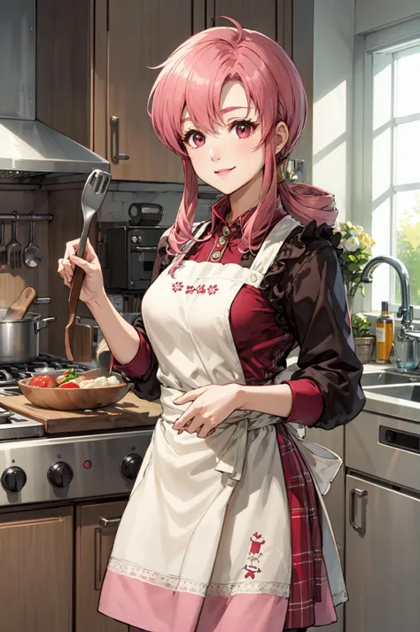 smile,cooking in kitchen,<lora:ethlynV2:0.8>,def_ethlyn,apron,indoors,(masterpiece, best quality, ultra-detailed, best shadow)