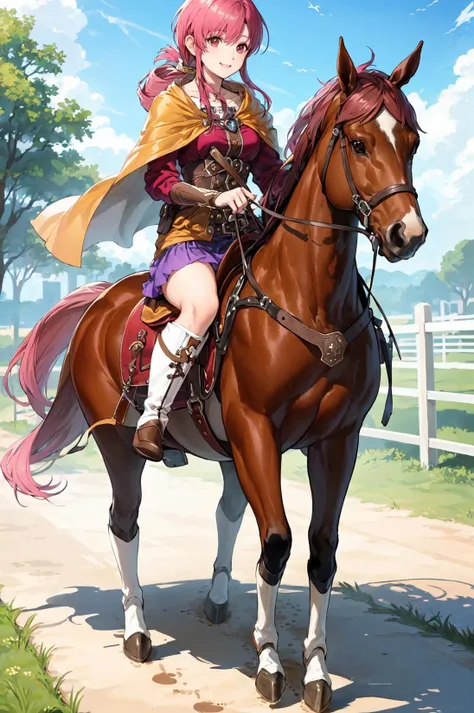 (footprints,walking:1.1),<lora:ethlynV2:0.7>,(brown horse,riding a horse,saddle,reins:1.2),def_ethlyn, yellow cape,boots, looking at viewer,purple skirt, long sleeves, jewelry, knee boots, white footwear, smile, collarbone,outdoors,(masterpiece, best quality, ultra-detailed, best shadow)