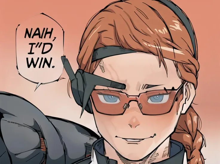 solo, headset, braid, orange tinted eyewear, anime,,nahidwin, speech bubble, english text, close-up, realistic, <lora:concept_nahidwin:0.95> , nah i'd win <lora:lis_(battlefield_2042):0.92> (lis (battlefield 2042)) with, orange hair, smirk,, single braid, sport, headband, sunglasses, uniform, military, (masterpiece, best quality:1.2), colorful
