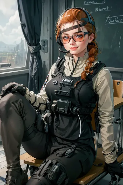 (masterpiece, best quality:1.2), <lora:lis_(battlefield_2042):.9>, lis (battlefield 2042), solo, gloves, orange hair, headset, military, 1girl, uniform, holster, breasts, large breasts, goggles, bulletproof vest, braid, tinted eyewear, single braid, sunglasses, desk, indoors, sitting, school desk, window, looking at viewer, chair, curtains, knee up, on desk, school, smile, closed mouth, chalkboard, sitting on desk, wooden floor, day, school chair, leg up, classroom