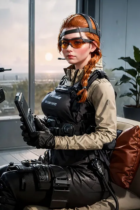 (masterpiece, best quality:1.2), <lora:lis_(battlefield_2042):.9>, lis (battlefield 2042), solo, gloves, orange hair, headset, military, 1girl, uniform, holster, breasts, large breasts, goggles, bulletproof vest, braid, tinted eyewear, single braid, sunglasses, window, plant, sitting, indoors, potted plant, couch, reading, scenery, sunset, building, wide shot, evening, city, shadow, from side, airport