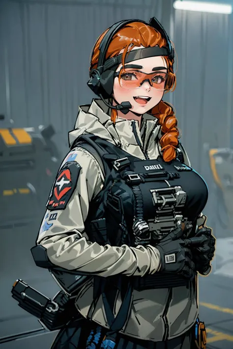 (masterpiece, best quality:1.2), <lora:lis_(battlefield_2042):.9>, lis (battlefield 2042), solo, gloves, orange hair, headset, military, 1girl, uniform, holster, breasts, large breasts, goggles, bulletproof vest, braid, tinted eyewear, single braid, open mouth, skeleton, smile, looking at viewer, blurry, upper body, plant, indoors, museum