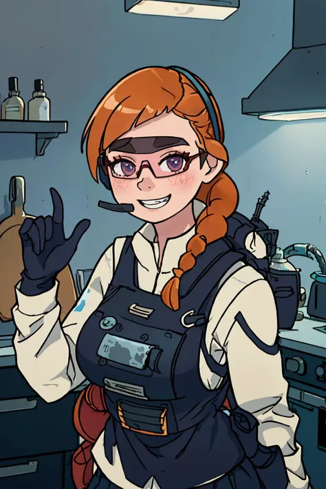 (masterpiece, best quality:1.2), <lora:lis_(battlefield_2042):.9>, lis (battlefield 2042), solo, gloves, orange hair, headset, military, 1girl, uniform, holster, breasts, large breasts, goggles, bulletproof vest, braid, tinted eyewear, single braid, sunglasses, smile, looking at viewer, indoors, grin, shiny skin, cowboy shot, shiny, leaning forward, hand up, arm support, kitchen