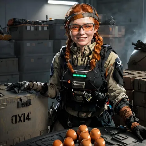high quality, masterpiece, lis (battlefield_2042), orange glasses, orange hair one braid, headpiece, wearing a bulletproof vest, small breasts, leaning on an ammo box, hand reaching out,  smiling, winking,  <lora:lis_(battlefield_2042):.7>, fcDetailPortrait