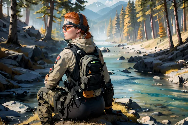 hdr, a candid photo of lis, headset, orange tinted safety glasses, green eyes, orange hair, military clothes, vest, holster, sitting, showing ass, from_behind, outdoors, sunny, mountain, river, trees, natural lighting, jazzy ambiance, <lora:lis_(battlefield_2042):.7>, fcDetailPortrait