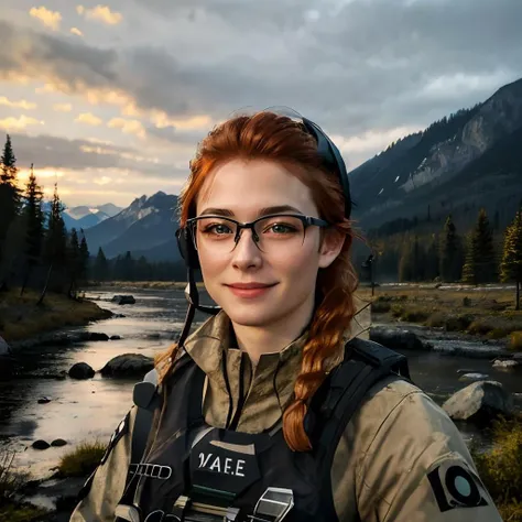 hdr, lis, orange glasses, green eyes, orange hair, one braid, headset,military clothes, bulletproof vest,holseter, portrait, looking at camera, smiling, outside,mountains, forest,river, dusk, twilight sky, low key lighting, romantic ambiance, cozy colors, <lora:lis_(battlefield_2042):.8>, extremely detailed,