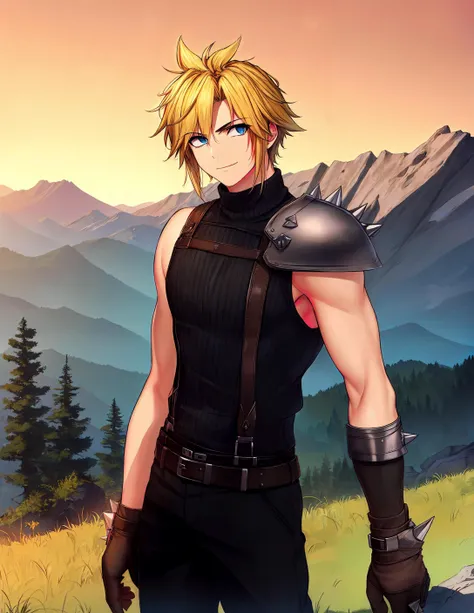 masterpiece, best quality, highly detailed, <lora:hatater-lora-v1c-10:1.1>,
cowboy shot, standing, (looking at viewer:1.15), (looking at viewer:1.2), (angry:0.687), smile,
(solo), (1boy), <lora:cloudstrife-nvwls-v1:0.5>, cloud strife, (spiky hair:1.1), blonde hair, short hair, [aqua:blue:4] eyes, gradient eyes, toned, (abs:0.9), long legs,
shoulder armor, single sohulder pad, sleeveless turtleneck, suspenders, brown belt, black pants, baggy pants, gloves, bracer, brown boots, brown gloves,
colorado canyon, sunny, mountains, beautiful scenery, orange sky, evening, vibrant