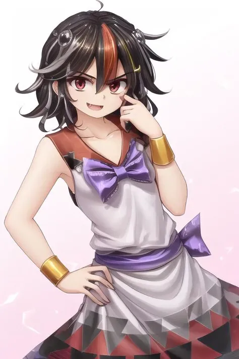 masterpiece, best quality, hater \(hatater\), (((1girl))), ((facing viewer)), solo, solo focus, (((kijin seija))), multicolored hair, black hair, red eyes, streaked hair, horns, dress, red hair, :p, akanbe, sleeveless, white hair, short hair, bracelet, collarbone, white dress, bow, sleeveless dress, jewelry, hair between eyes, sash, bare shoulders, sailor collar, purple bow, short dress, bare arms, bowtie, arrow (symbol), fang, bangs, skinny, narrow waist, petite, flat chest, <lora:seijaKijin_seijaKijin:0.8>, <lyco:hatater-lora-v1c-10:1>, <lora:akanbeFace_akanbev1:0.6>