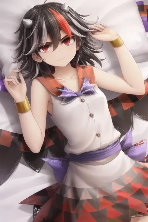 masterpiece, best quality, hater \(hatater\), (((1girl))), ((facing viewer)), solo, solo focus, (((kijin seija))), multicolored hair, black hair, red eyes, streaked hair, horns, dress, red hair, sleeveless, white hair, short hair, bracelet, collarbone, white dress, bow, sleeveless dress, jewelry, hair between eyes, sash, bare shoulders, sailor collar, purple bow, short dress, bare arms, bowtie, arrow (symbol), fang, bangs, smug, on bed, on back, skinny, narrow waist, petite, flat chest, <lora:seijaKijin_seijaKijin:0.8>, <lyco:hatater-lora-v1c-10:1>,