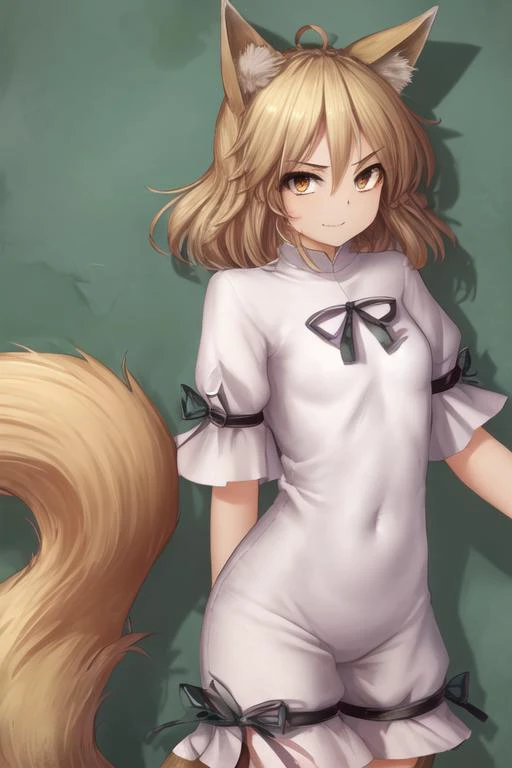 masterpiece, best quality, hater \(hatater\), (((1girl))), solo, solo focus, (((kudamaki tsukasa))), animal ears, fox ears, ((smug)), looking at viewer, tail, ribbon, smile, hair between eyes, fox tail, animal ear fluff, short sleeves, fangs, bangs, breasts, small breasts, teeth, blonde hair, brown eyes, green ribbon, neck ribbon, fox girl, short hair, romper, brown hair, yellow eyes, black ribbon, petite, skinny, flat chest, <lora:KudamakiTsukasaProject_kudamakiTsukasaV10:1>, <lyco:hatater-lora-v1c-10:1>,