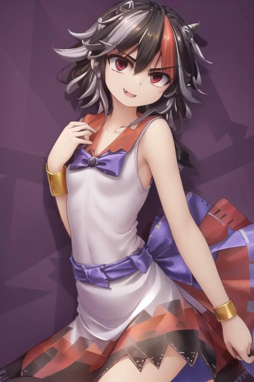 masterpiece, best quality, hater \(hatater\), (((1girl))), ((facing viewer)), solo, solo focus, (((kijin seija))), multicolored hair, black hair, red eyes, streaked hair, horns, dress, red hair, :p, akanbe, sleeveless, white hair, short hair, bracelet, collarbone, white dress, bow, sleeveless dress, jewelry, hair between eyes, sash, bare shoulders, sailor collar, purple bow, short dress, bare arms, bowtie, arrow (symbol), fang, bangs, skinny, narrow waist, petite, flat chest, <lora:seijaKijin_seijaKijin:0.8>, <lyco:hatater-lora-v1c-10:1>, <lora:akanbeFace_akanbev1:0.6>