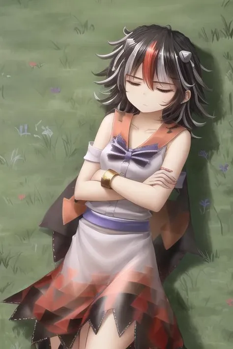 masterpiece, best quality, hater \(hatater\), (((1girl))), ((facing viewer)), solo, solo focus, (((kijin seija))), multicolored hair, black hair, red eyes, streaked hair, horns, dress, red hair, sleeveless, white hair, short hair, bracelet, collarbone, white dress, bow, sleeveless dress, jewelry, hair between eyes, sash, bare shoulders, sailor collar, purple bow, short dress, bare arms, bowtie, arrow (symbol), fang, bangs, (sleeping), on back, grass, crossed arms, skinny, narrow waist, petite, flat chest, <lora:seijaKijin_seijaKijin:0.8>, <lyco:hatater-lora-v1c-10:1>,