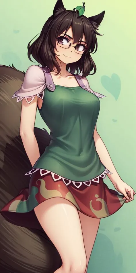 (masterpiece, best quality:1.2), cowboy shot, solo, 1girl, futatsuiwa, smile, closed mouth, looking at viewer, leaf on head, glasses, skirt, raccoon tail