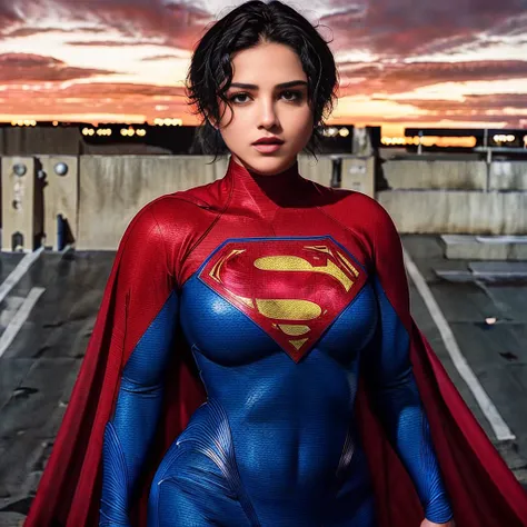 photo of supergirl in a supergirl costume with a red cape on her back, black hair, short hair, tan skin, makeup, dark lips, standing in a city parking lot at night, dark background, sunset, detailed skin, detailed eyes, depth of field, 8k uhd, dslr, dim lighting, high quality, film grain, <lora:Sasha Calle:1>