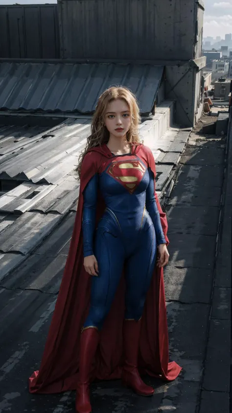 realistic photo, best quality, fantastic light, full body wide frame photography, from below, American girl, ((Supergirl)), red cloak, red boots, perfect body, pants, red lips, (angry face), (bright blue eyes), eyes detail, skin detail, small waist, long legs, small thighs, ((long blonde hair:1.4)), medium size pear breasts, ((standing on the roof of a building)), air polluted, sunlight, light on face, masterpiece,ultra realistic,32k,extremely detailed CG unity 8k wallpaper, best quality