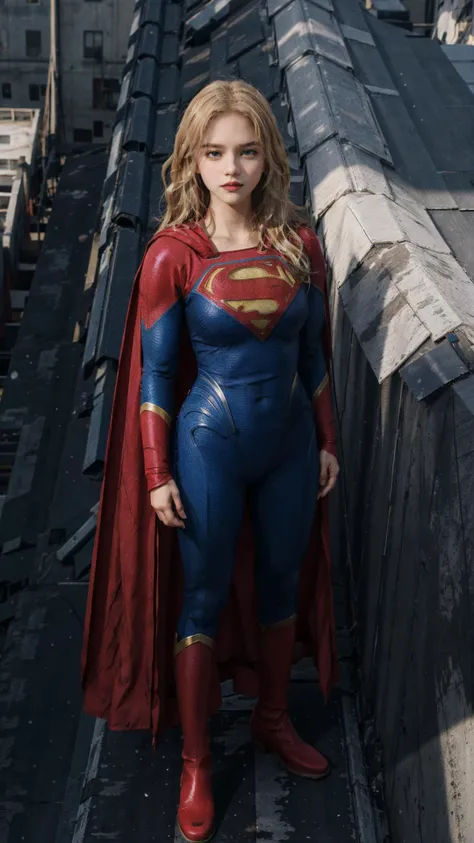 realistic photo, best quality, fantastic light, full body wide frame photography, from below, American girl, ((Supergirl)), red cloak, red boots, perfect body, pants, red lips, (angry face), (bright blue eyes), eyes detail, skin detail, small waist, long legs, small thighs, ((long blonde hair:1.4)), medium size pear breasts, ((standing on the roof of a building)), air polluted, sunlight, light on face, masterpiece,ultra realistic,32k,extremely detailed CG unity 8k wallpaper, best quality