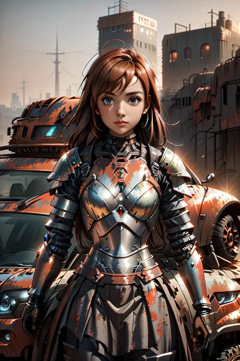 <lora:MetalRustyWorld:1> MetalRustyWorld 1woman (armour and skirt:1.2) in a metal city (Upper body:1.3) (car:1.3)