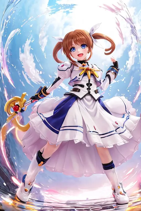 sfw,  1girl, (8k, best quality, masterpiece:1.2), (professional lighting:1.2), (full body, dynamic angle, fisheye, from below:1.1),
a photo of a cute magical girl in white,  takamachi nanoha, kawaii the justice,  flying in air, bright blue sky,  the sun light, floating clouds,  white magic beam, (dynamic pose:1.5), relaxed, joyful, [:D],
(satin clothes:1.2), detailed luxury clothes, short twintails,   short hair, hair ribbon, blue eyes, armor, long skirt, puffy long sleeves,  gauntlets, fingerless gloves,  socks, shoes,
<lora:nanohaTakamachiMagicalGirlLyrical_v10:0.95>,  ulzzang-6500-v1.1