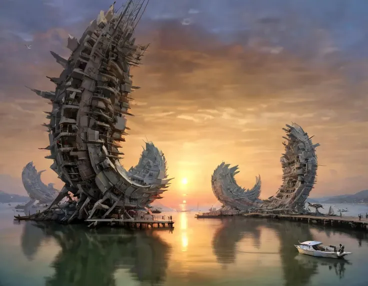 <lora:dand:0.6>dand, structures, boats, birds, pier, sunset, alien technology