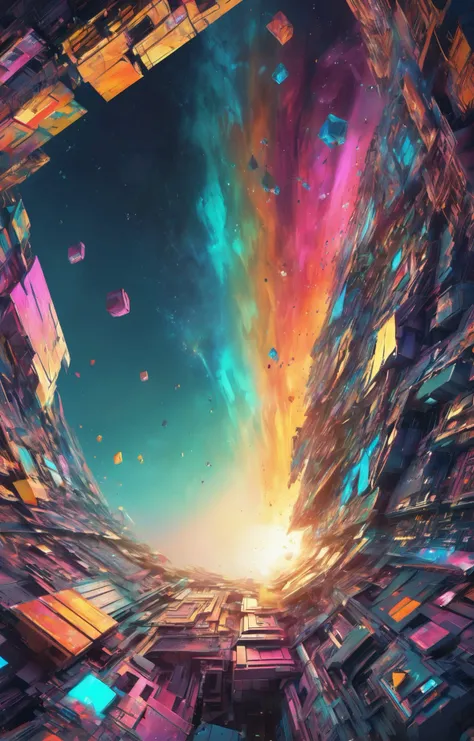 3d isometric, blender render, soft colorful-hued colors, a derelict spacestation orbiting the bustling realm of impossible dreams and thoughts, where colorful ideas spark to life in bright in explosions of fractal possibilities. a cinematic quality of cosmic hues and tones in an epic atmosphere of a supernova explosion. <lora:dand:0.4> dand, shattering into pieces hyperdigital art, glitched out, god rays, 3d render by amon tobin Two tone lighting, abstract geometric gradients, geometric shapes, simple background