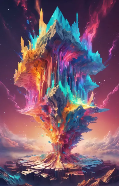 3d isometric, blender render, soft colorful-hued colors, the beautiful goddess of a bustling realm of impossible dreams and thoughts, where colorful ideas spark to life in bright in explosions of fractal possibilities. a cinematic quality of cosmic hues and tones in an epic atmosphere of a supernova explosion. <lora:dand:0.4> dand, shattering into pieces hyperdigital art, glitched out, god rays, 3d render by amon tobin Two tone lighting, abstract geometric gradients, geometric shapes, simple background